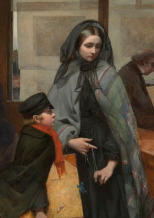 Woman toying with string (detail), Emily Mary Osborn, Nameless and Friendless, "The rich man's wealth is his strong city: the destruction of the poor is their poverty" (Proverbs: 10:15), 1857, oil on canvas, 82 x 104cm (Tate Britain, London)