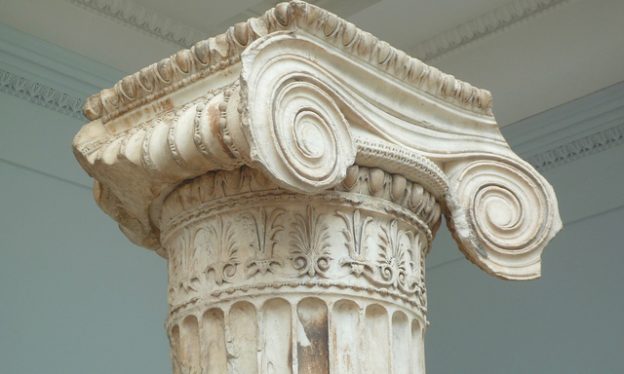 Ionic Column (North Porch), Erechtheion on the Acropolis, Athens, marble, 421-407 B.C.E., Classical Period (British Museum, London). Mnesicles may have been the architect.