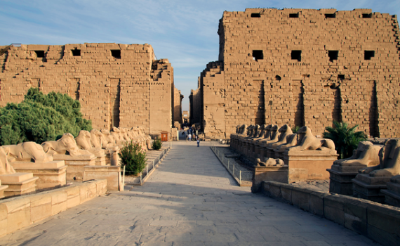 View of sphinxes, the first pylon, and the central east-west aisle of Temple of Amon-Re, Karnak in Luxor, Egypt (photo: Mark Fox, CC: BY-NC 2.0)