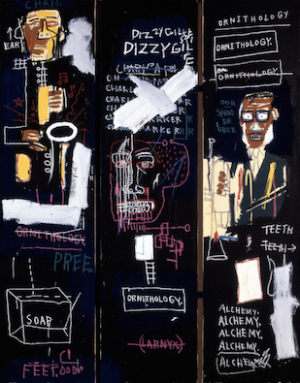 Jean-Michel Basquiat, Horn Players, 1983, acrylic and oilstick on three canvas panels mounted on wood supports, 243.8 x 190.5 cm (The Broad Art Foundation) © The Estate of Jean-Michel Basquiat (zoomable image here)