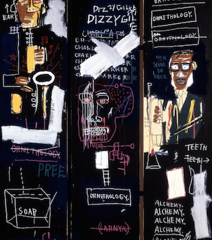 Jean-Michel Basquiat, Horn Players, 1983, acrylic and oilstick on three canvas panels mounted on wood supports, 243.8 x 190.5 cm (The Broad Art Foundation) © The Estate of Jean-Michel Basquiat (zoomable image here)