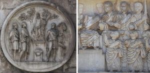 Two reliefs from the Arch of Constantine: left: roundel showing Sacrifice to Apollo, c. 117-138 CE; right: Detail, Distribution of Largesse, 312-315