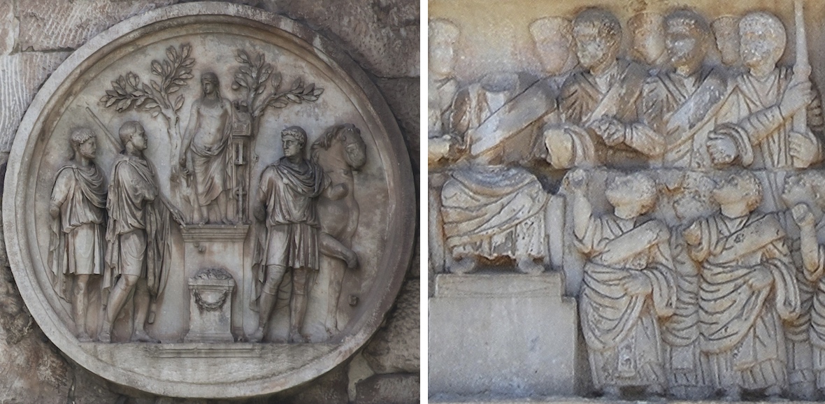 Two reliefs from the Arch of Constantine: left: roundel showing Sacrifice to Apollo, c. 117-138 C.E.; right: Detail, Distribution of Largesse, 312-315