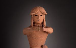 Detail, Haniwa: Tomb Sculpture of a Seated Warrior, Japan, late Tumulus period, c. 500-600 C.E., coil-built eathenware with applied decoration, 31 x 14 3/8 x 15 inches / 78.7 x 36.5 x 38.1 cm (Los Angeles County Museum of Art)