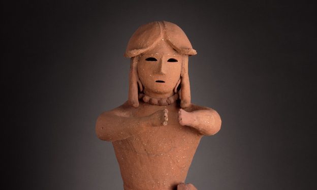 Detail, Haniwa: Tomb Sculpture of a Seated Warrior, Japan, late Tumulus period, c. 500-600 C.E., coil-built eathenware with applied decoration, 31 x 14 3/8 x 15 inches / 78.7 x 36.5 x 38.1 cm (Los Angeles County Museum of Art)