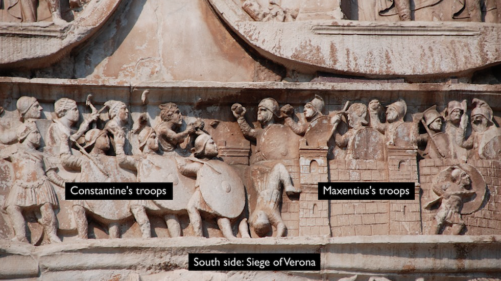 Frieze with Constantine's siege of Maxentius's troops at Verona. Arch of Constantine (south side) , 312-315 C.E. and older spolia, marble and porphyry, Rome