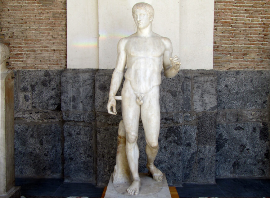 Polykleitos, Doryphoros (Spear-Bearer) or The Canon, c. 450–40 B.C.E., ancient Roman marble copy of a lost Greek bronze, 211 cm, found in Pompeii (Archaeological Museum, Naples; photo: Steven Zucker, CC BY-NC-SA 2.0)