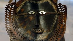 Mask (Buk, Krar, or Kara), mid to late 19th century, Mabuiag Island, Torres Strait, turtle shell, wood, cassowary feathers, fiber, resin, shell, paint, 54.6 x 63.5 x 57.8 cm (The Metropolitan Museum of Art)