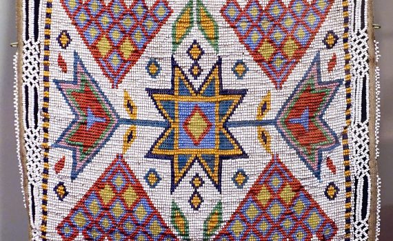Detail, Bandolier Bag, Western Great Lakes, late 19th century, broadcloth, wool, cotton, beads, brass buttons
