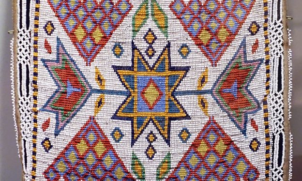 Detail, Bandolier Bag, Western Great Lakes, late 19th century, broadcloth, wool, cotton, beads, brass buttons