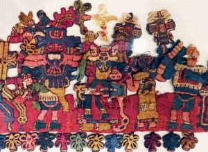 Detail, Nasca, Mantle ("The Paracas Textile"), 100-300 C.E., cotton, camelid fiber, 58-1/4 x 24-1/2 inches / 148 x 62.2 cm, found south coast, Paracas, Peru (Brooklyn Museum)