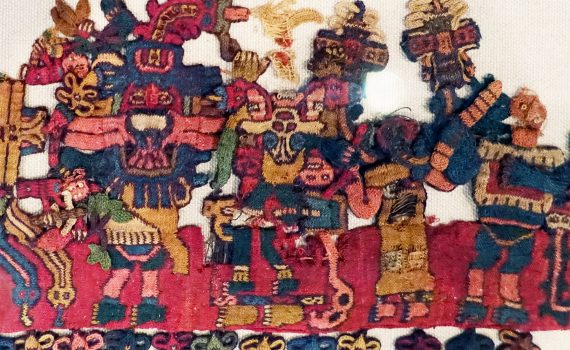 Detail, Nasca, Mantle ("The Paracas Textile"), 100-300 C.E., cotton, camelid fiber, 58-1/4 x 24-1/2 inches / 148 x 62.2 cm, found south coast, Paracas, Peru (Brooklyn Museum)
