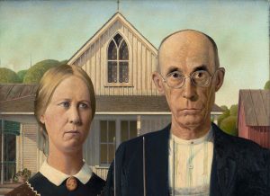 Detail, Grant Wood, American Gothic, 1930, oil on beaver board, 78 x 65.3 cm / 30-3/4 x 25-3/4 inches (The Art Institute of Chicago)