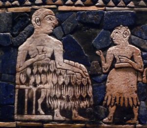 The Standard of Ur, 2600-2400 B.C.E., shell, limestone, lapis lazuli, and bitumen, 21.59 x 49.53 x 12 cm (British Museum, London) (detail)