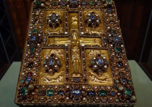 Jeweled upper cover of the Lindau Gospels, c. 880, Court School of Charles the Bald, 350 x 275 mm, cover may have been made in the Royal Abbey of St. Denis (Morgan Library and Museum, New York).