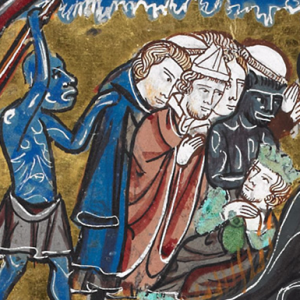 Middle left (detail), Scenes from the Apocalypse, Paris-Oxford-London Bible moralisée, France, c. 1225-45 (The British Library, Harley MS 1527 fol. 140v)