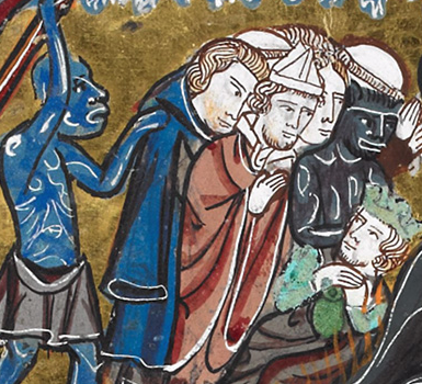 Middle left (detail), Scenes from the Apocalypse, Paris-Oxford-London Bible moralisée, France, c. 1225-45 (The British Library, Harley MS 1527 fol. 140v)