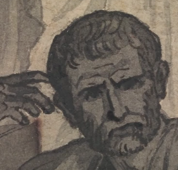 Jacques-Louis David, Study for The Lictors Bringing Brutus the Bodies of his Sons, 1787, black chalk, pen and black and brown ink, brush and gray and brown wash, heightened with white gouache, 13 1/16 x 16 9/16" / 33.2 x 42.1 cm (The Metropolitan Museum of Art, New York)