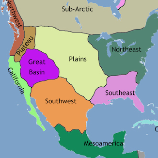 Map of North America showing the regions of Native American cultures