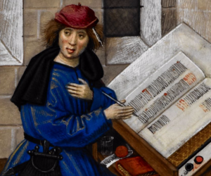 Detail of a miniature of Guillaume de Lorris or Jean de Meun at work writing the text, from the Roman de la Rose, Netherlands (Bruges), c. 1490 – c. 1500, Harley MS 4425, f. 133r - See more at: http://britishlibrary.typepad.co.uk/digitisedmanuscripts/2014/06/the-burden-of-writing-scribes-in-medieval-manuscripts.html#sthash.qPulQr9P.dpuf