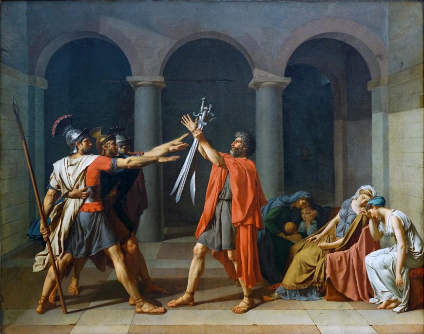 Jacques-Louis David, Juramento de los Horatii, 1784, óleo sobre lienzo, 3.3 x 4.25 m, pintado en Roma, expuesto en el salón de 1785 (Musée du Louvre)