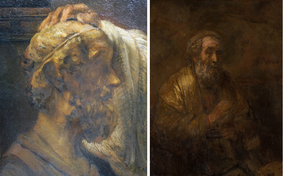 Left: Rembrandt, Aristotle with a Bust of Homer, 1653, oil on canvas, 143.5 x 136.5 cm (The Metropolitan Museum of Art); right: Rembrandt, Homer, 1663, oil n canvas, 107 x 82 cm (Mauritshuis)