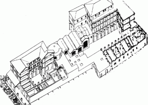 Reconstruction drawing of block III , X by Italo Gismondi. From the north-west. From left to right: House of Serapis, Baths of the Seven Sages, House of the Charioteers