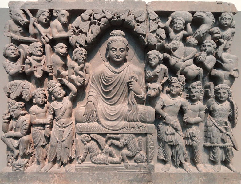 Sculptural fragment depicting Buddha’s enlightenment, Gandhara, Kushana period, 2nd-3rd century C.E., schist, (Smithsonian, Freer Gallery of Art)