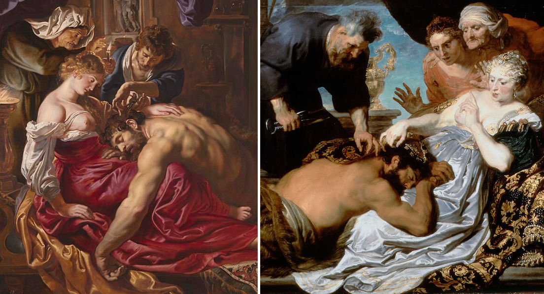 Left: Detail, Peter Paul Rubens, Samson and Delilah, c. 1609-1610, oil on panel, 185 x 205 cm. (The National Gallery, London); right: detail, Anthony van Dyck, Samson and Delilah, c. 1618-20, oil on canvas, 152.3 x 232 cm. (Dulwich Picture Gallery, London)
