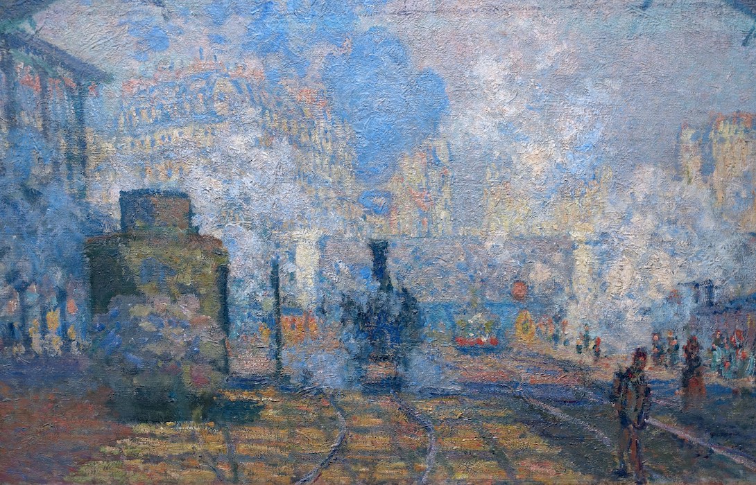 Locomotives and tracks (detail), Claude Monet, The Gare Saint-Lazare (or Interior View of the Gare Saint-Lazare, the Auteuil Line), 1877, oil on canvas, 75 x 104 cm (Musée d'Orsay, photo: Steven Zucker, CC BY-NC-SA 2.0) 