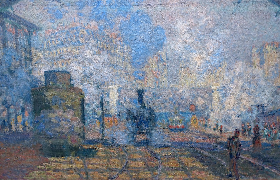 Locomotoras y pistas (detalle), Claude Monet, La Gare Saint-Lazare (o Vista interior de la Gare Saint-Lazare, la línea Auteuil), 1877, óleo sobre lienzo, 75 x 104 cm (Musée d'Orsay)