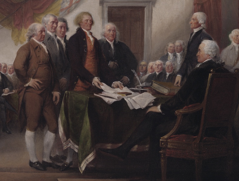 The so-called Committee of Five, from left to right—John Adams of Massachusetts, Roger Sherman of Connecticut, Robert R. Livingston of New York, Thomas Jefferson of Virginia, and Benjamin Franklin of Pennsylvania (detail), John Trumbull, The Declaration of Independence, July 4, 1776, 1786–1820, oil on canvas, 20 7/8 x 31 inches / 53 x 78.7 cm (Yale University Art Gallery)