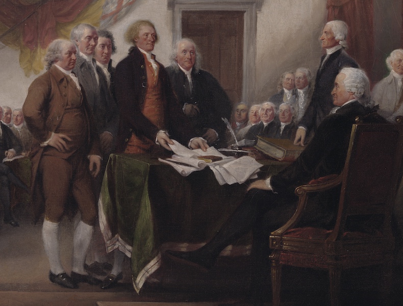 El llamado Comité de los Cinco, de izquierda a derecha—John Adams de Massachusetts, Roger Sherman de Connecticut, Robert R. Livingston de Nueva York, Thomas Jefferson de Virginia y Benjamin Franklin de Pensilvania (detalle), John Trumbull, La declaración de independencia, 4 de julio de 1776, 1786—1820, óleo sobre lienzo, 20 7/8 x 31 pulgadas/53 x 78.7 cm (Galería de Arte de la Universidad de Yale)