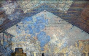 Apartment buildings in the distance (detail), Claude Monet, The Gare Saint-Lazare (or Interior View of the Gare Saint-Lazare, the Auteuil Line), 1877, oil on canvas, 75 x 104 cm (Musée d'Orsay)