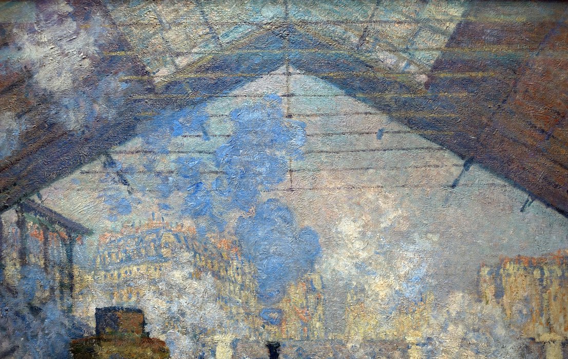 Edificios de departamentos a lo lejos (detalle), Claude Monet, La Gare Saint-Lazare (o Vista interior de la Gare Saint-Lazare, la línea Auteuil), 1877, óleo sobre lienzo, 75 x 104 cm (Musée d'Orsay)