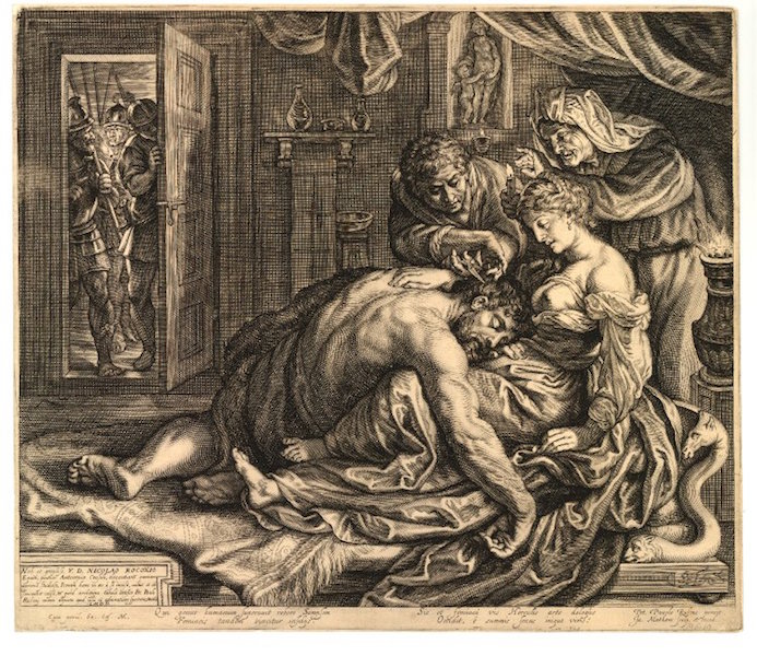 Jacob Maltham (printmaker), after Peter Paul Rubens, Samson and Delilah, c. 1612, engraving (The British Museum, London)