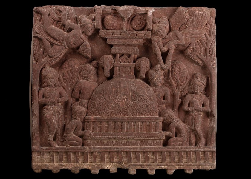 Sculptural fragment depicting stupa and devotees, from Bharhut, Madhya Pradesh, India, Sunga period, c. 100-80 B.C.E., reddish brown sandstone (Smithsonian, Freer Gallery of Art)