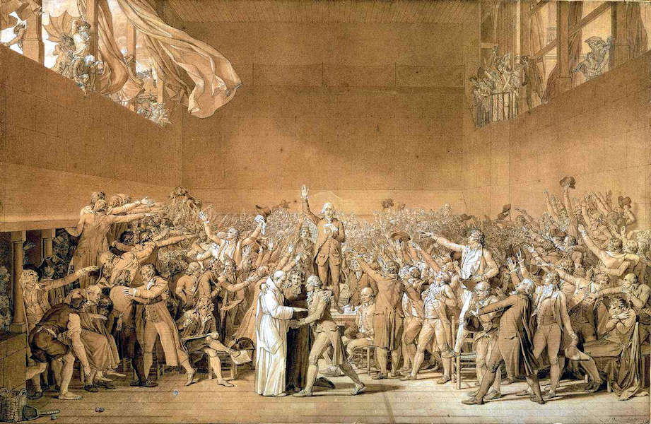 Jacques Louis David, The Oath of the Tennis Court, 1791, pen and brown ink, brown wash with white highlights, 66 x 101 cm (Palace of Versailles)