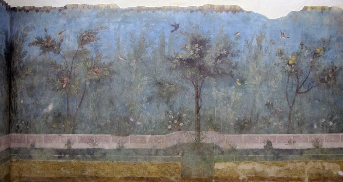 Painted Garden, Villa of Livia, detail with oak in center, Prima Porta, fresco, 30-20 B.C.E. (Museo Nazionale Romano, Palazzo Massimo, Rome)