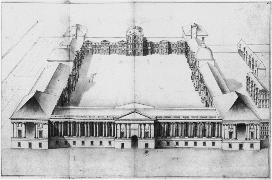 Claude Perrault, perspective bird's-eye view of the Cour Carrée (Louvre), from the east, 1663