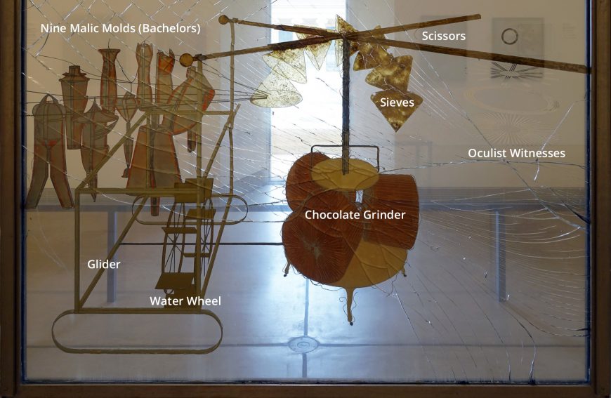 Lower pane annotated, Marcel Duchamp, The Bride Stripped Bare by Her Bachelors, Even (The Large Glass), 1915-23, oil, varnish, lead foil, lead wire, dust, two glass panels, 277.5 × 177.8 × 8.6 cm © Succession Marcel Duchamp (Philadelphia Museum of Art)