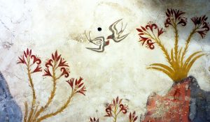 "Spring Fresco (detail)," Building Complex Delta, room delta 2, west wall, Akrotiri, Thera (Santorini), Greece