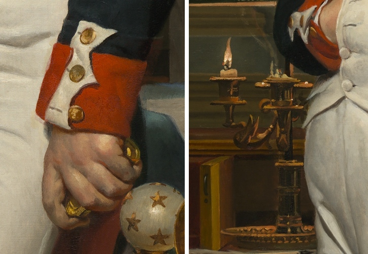 Left: undone cuff; right: candles (details), Jacques-Louis David, The Emperor Napoleon in his Study at the Tuileries, 1812, oil on canvas, 203.9 x 125.1 cm (National Gallery of Art)
