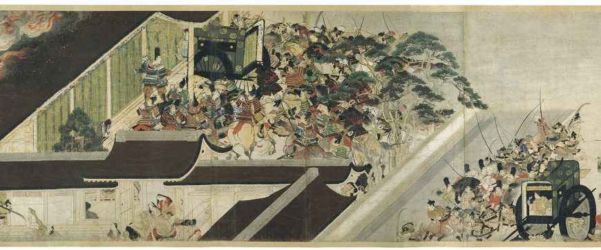 Night Attack on the Sanjô Palace (detail center right), Illustrated Scrolls of the Events of the Heiji Era (Heiji monogatari emaki) Japanese, Kamakura period, second half of the 13th century, 45.9 x 774.5 x 7.6 cm (Museum of Fine Arts, Boston)