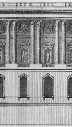 Detail with paired columns, Plate 7. The Louvre in Paris: elevation of the principal facade facing Saint-Germain l’Auxerrois (detail) from Jacques-François Blondel, Architecture françoise, Tome 4, Livre 6, 1756