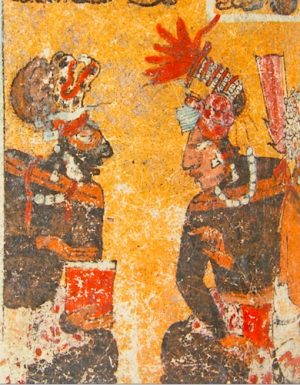Two figures (detail), Painted Vessel (Enthroned Maya Lord and Attendants), c. 650-750 C.E., Maya, cylinder vase, ceramic, 16.51 x 20.32 cm (Dumbarton Oaks Museum)
