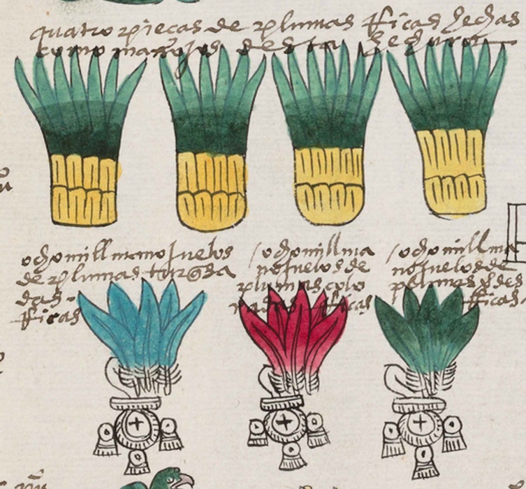 Detail, Codex Mendoza, f. 46r (Bodleian Library, Oxford). The text records feathers paid as tribute (from top to bottom and left to right: “four pieces of rich feathers, made like handfuls into this form,” “eight thousand little handfuls of rich turquoise feathers,” “eight thousand little handfuls of rich red feathers” and “eight thousand little handfuls of rich green feathers”
