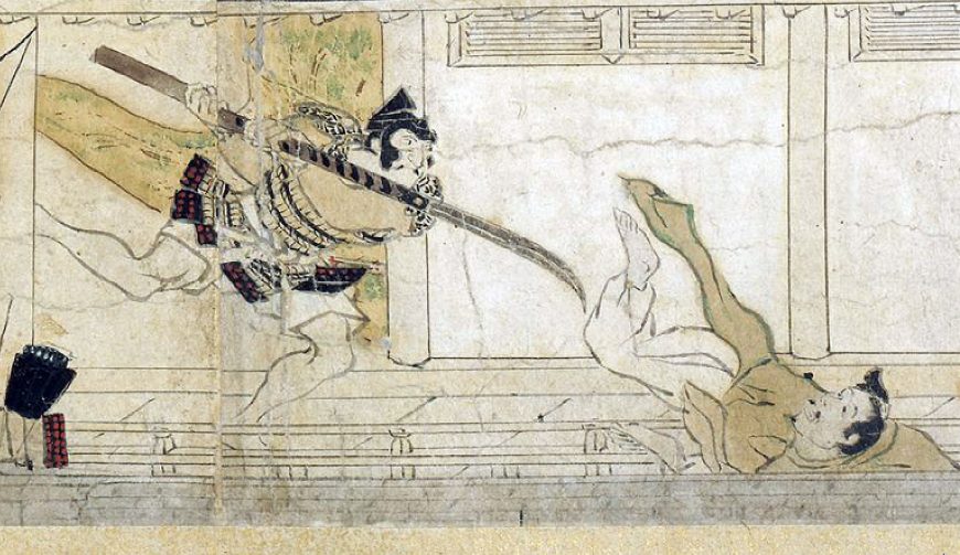 Night Attack on the Sanjô Palace (detail lower center), Illustrated Scrolls of the Events of the Heiji Era (Heiji monogatari emaki) Japanese, Kamakura period, second half of the 13th century, 45.9 x 774.5 x 7.6 cm (Museum of Fine Arts, Boston)
