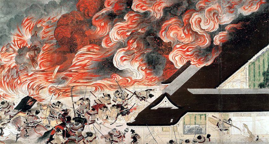 Burning Palace (detail), Night Attack on the Sanjô Palace, Illustrated Scrolls of the Events of the Heiji Era (Heiji monogatari emaki) Japanese, Kamakura period, second half of the 13th century, 45.9 x 774.5 x 7.6 cm (Museum of Fine Arts, Boston)