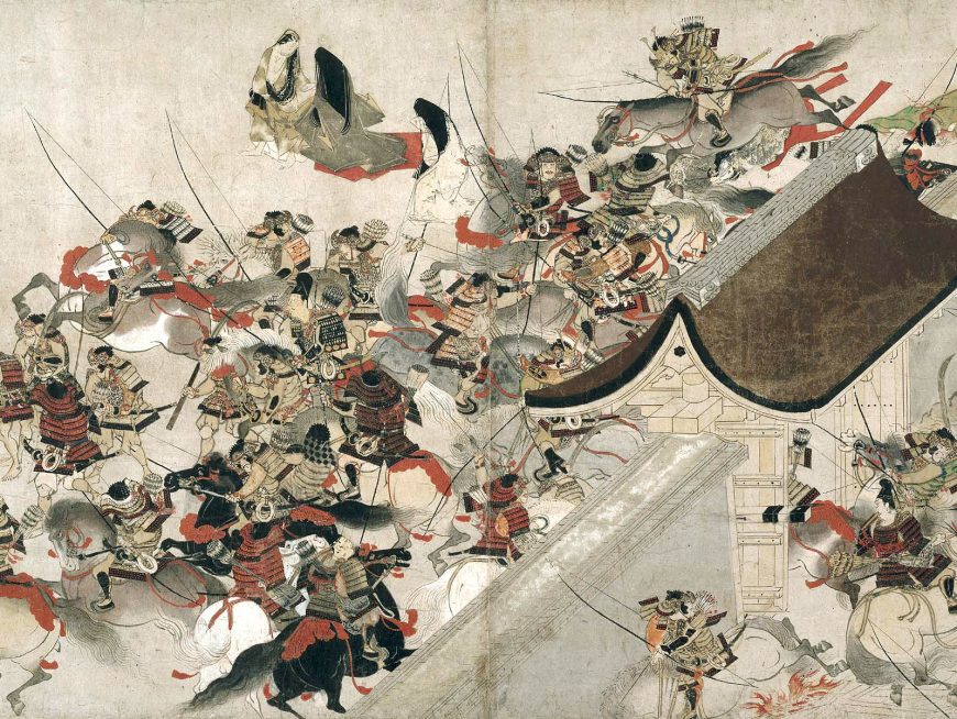 Tumult at the palace gate, note the two women (top left) distinguished by flowing hair and aided by an attendent, fleeing the battle as fast as their voluminous robes will allow (detail), Night Attack on the Sanjô Palace, Illustrated Scrolls of the Events of the Heiji Era (Heiji monogatari emaki) Japanese, Kamakura period, second half of the 13th century, 45.9 x 774.5 x 7.6 cm (Museum of Fine Arts, Boston)